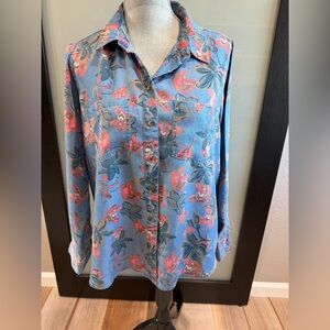 Floral Button-Down Shirt - Blue, Pink Green and Tan Floral - New Without Tags